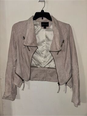Solemio Light Taupe Suede-Style Cropped Moto Jacket